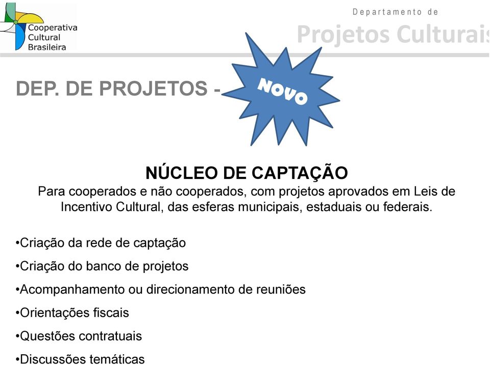 Criação da rede de captação Criação do banco de projetos Acompanhamento ou