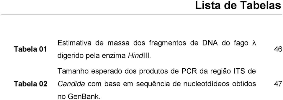 Tamanho esperado dos produtos de PCR da região ITS de Candida