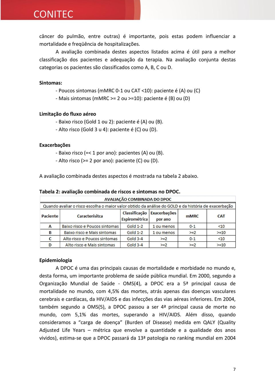 Na avaliação conjunta destas categorias os pacientes são classificados como A, B, C ou D.