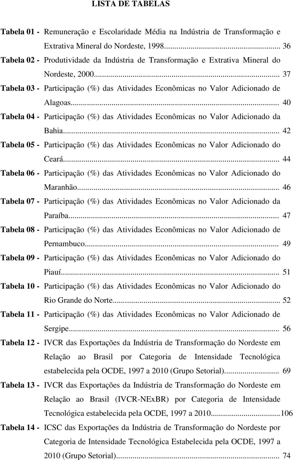 .. 40 Tabela 04 - Participação (%) das Atividades Econômicas no Valor Adicionado da Bahia... 42 Tabela 05 - Participação (%) das Atividades Econômicas no Valor Adicionado do Ceará.