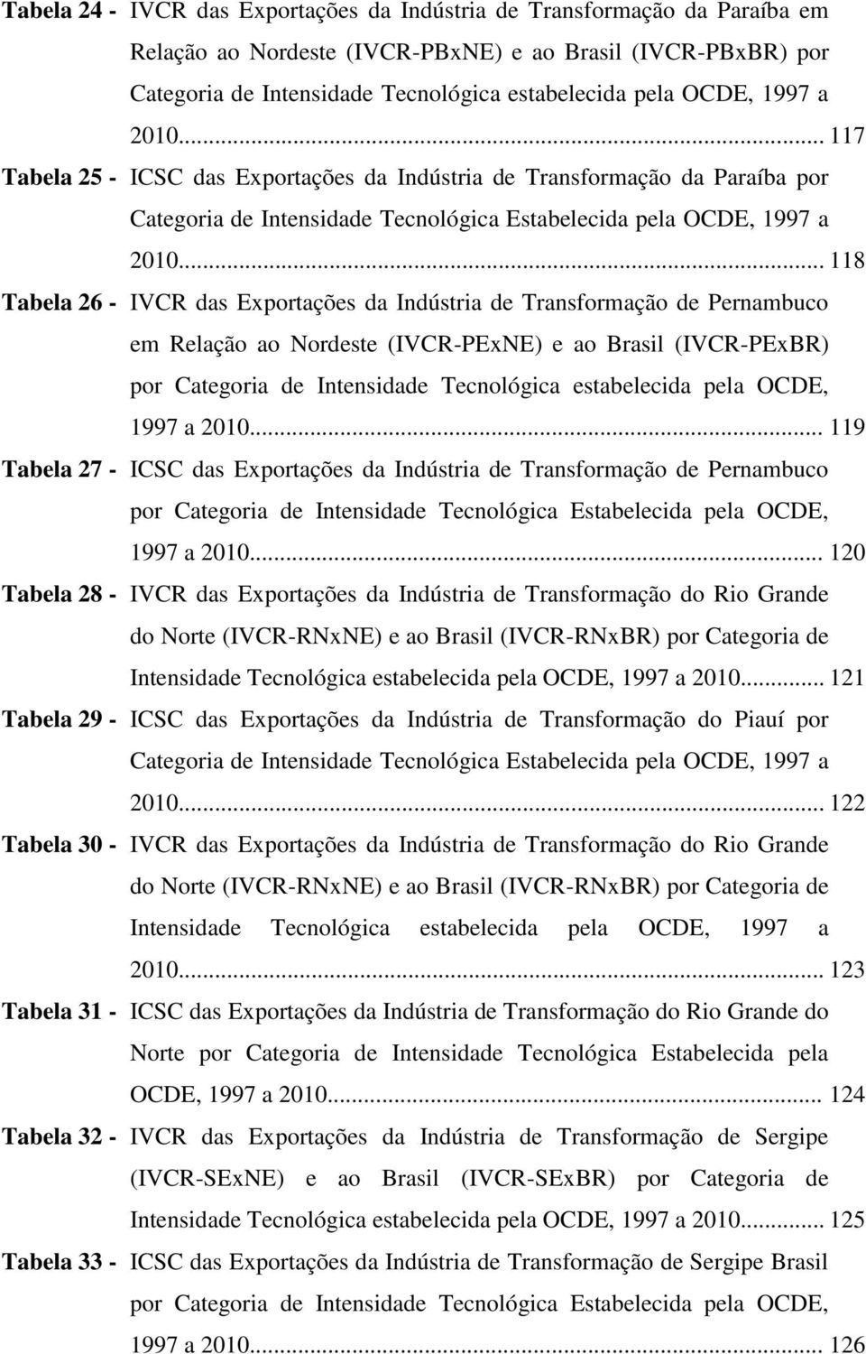 .. 118 Tabela 26 - IVCR das Exportações da Indústria de Transformação de Pernambuco em Relação ao Nordeste (IVCR-PExNE) e ao Brasil (IVCR-PExBR) por Categoria de Intensidade Tecnológica estabelecida