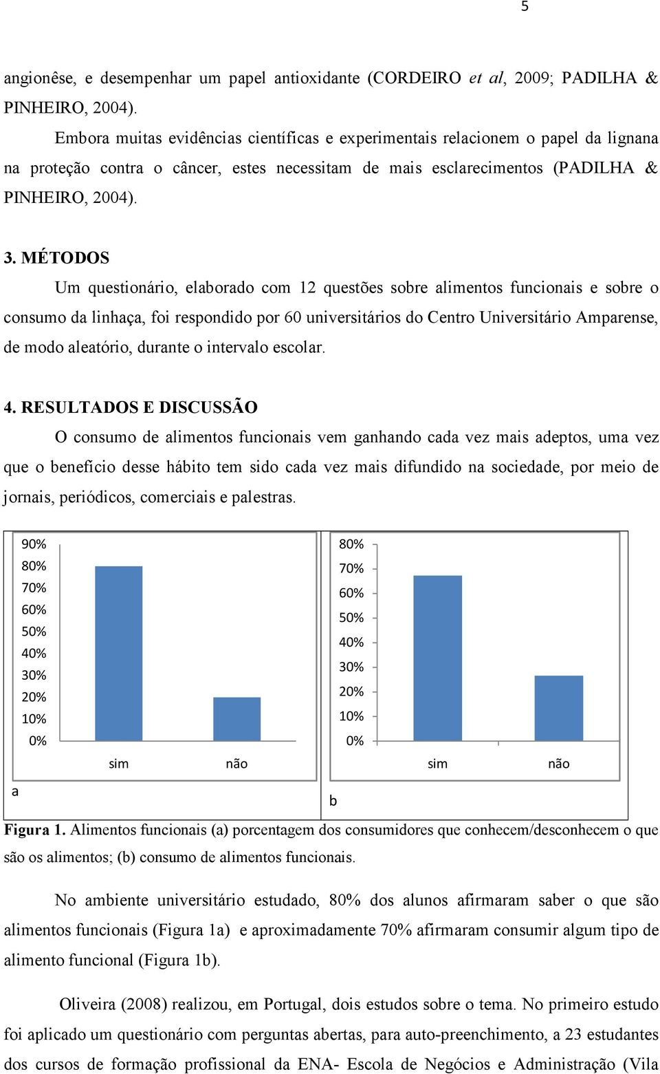 MÉTODOS Um questionário, elaborado com 12 questões sobre alimentos funcionais e sobre o consumo da linhaça, foi respondido por 60 universitários do Centro Universitário Amparense, de modo aleatório,