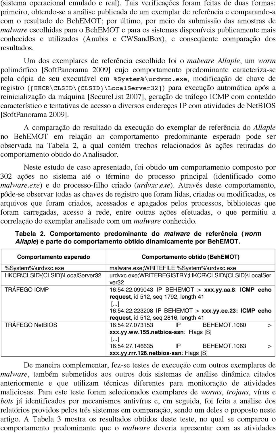 amostras de malware escolhidas para o BehEMOT e para os sistemas disponíveis publicamente mais conhecidos e utilizados (Anubis e CWSandBox), e conseqüente comparação dos resultados.