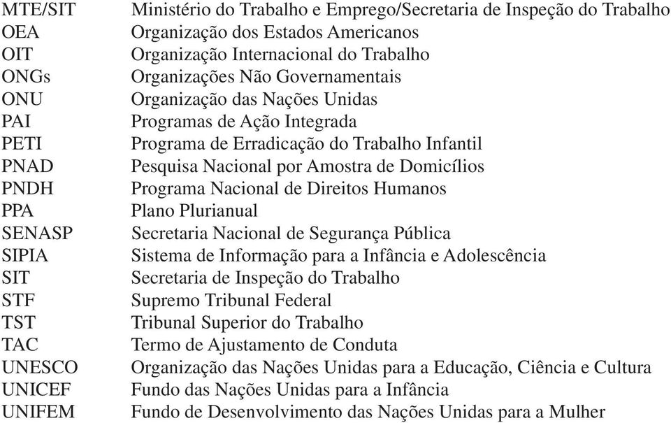 Nacional por Amostra de Domicílios Programa Nacional de Direitos Humanos Plano Plurianual Secretaria Nacional de Segurança Pública Sistema de Informação para a Infância e Adolescência Secretaria de