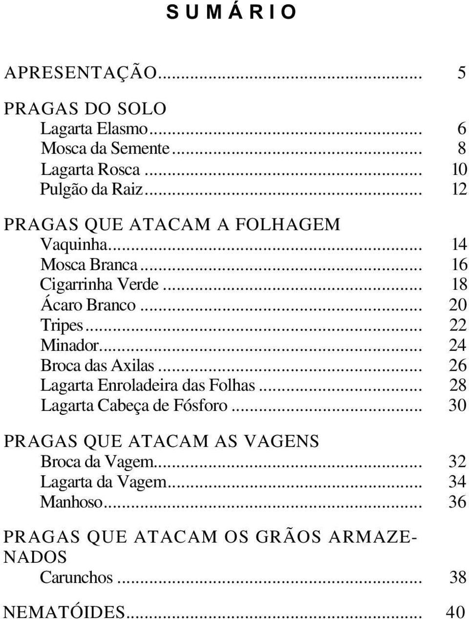 .. 22 Minador... 24 Broca das Axilas... 26 Lagarta Enroladeira das Folhas... 28 Lagarta Cabeça de Fósforo.