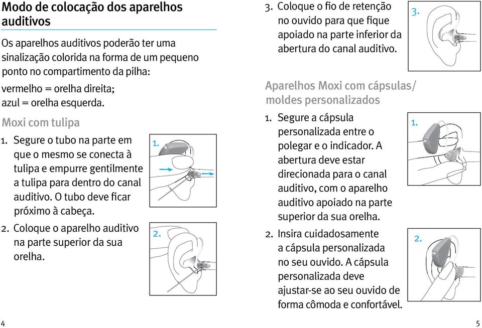 Coloque o aparelho auditivo na parte superior da sua orelha. 1. 2. 3. Coloque o fio de retenção no ouvido para que fique apoiado na parte inferior da abertura do canal auditivo. 3. Aparelhos Moxi com cápsulas/ moldes personalizados 1.