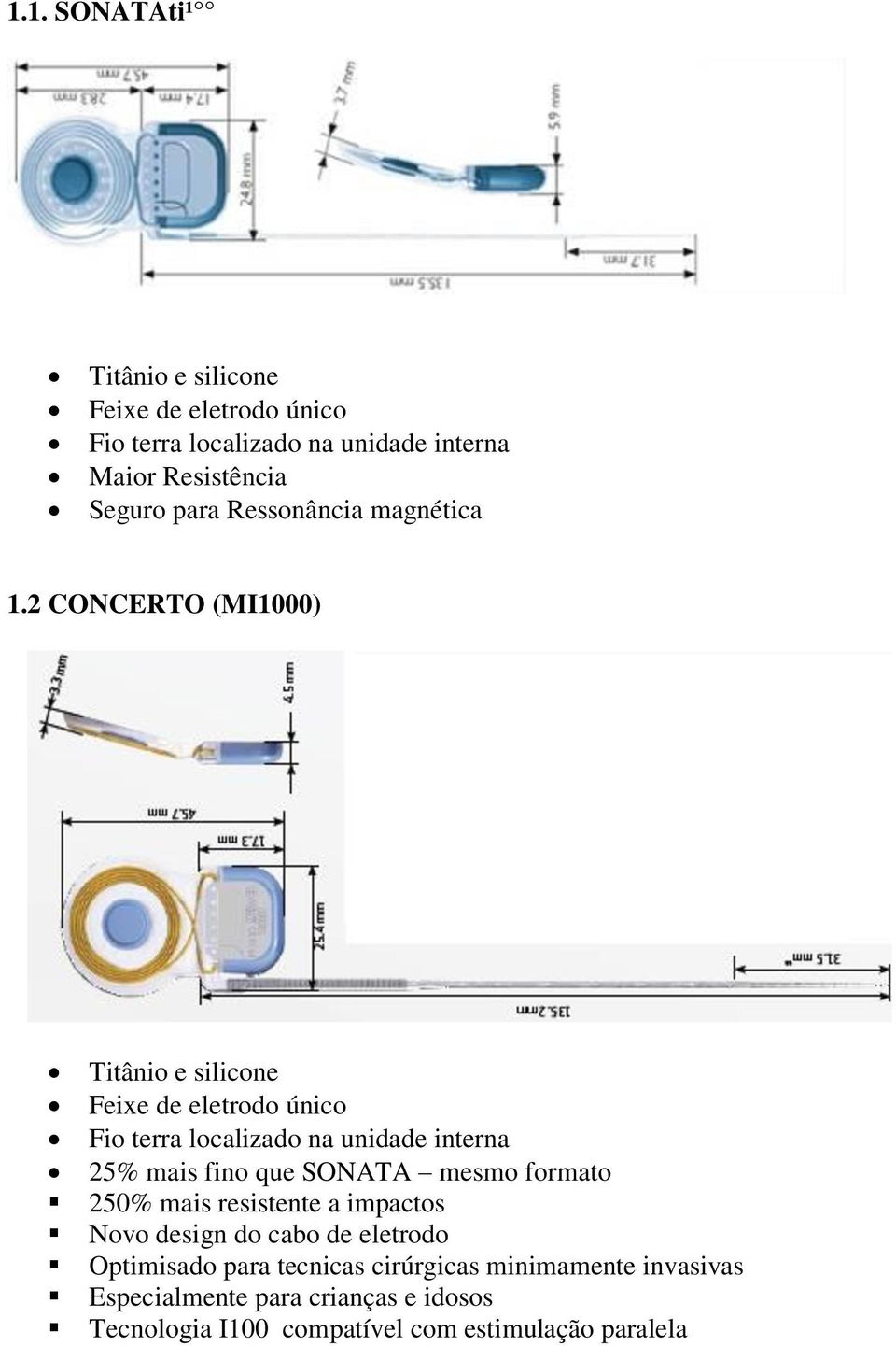 2 CONCERTO (MI1000) Titânio e silicone Feixe de eletrodo único Fio terra localizado na unidade interna 25% mais fino que