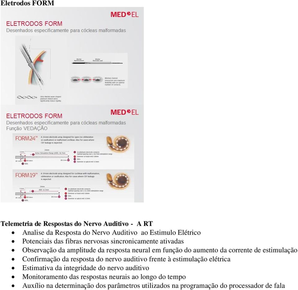 de estimulação Confirmação da resposta do nervo auditivo frente à estimulação elétrica Estimativa da integridade do nervo auditivo