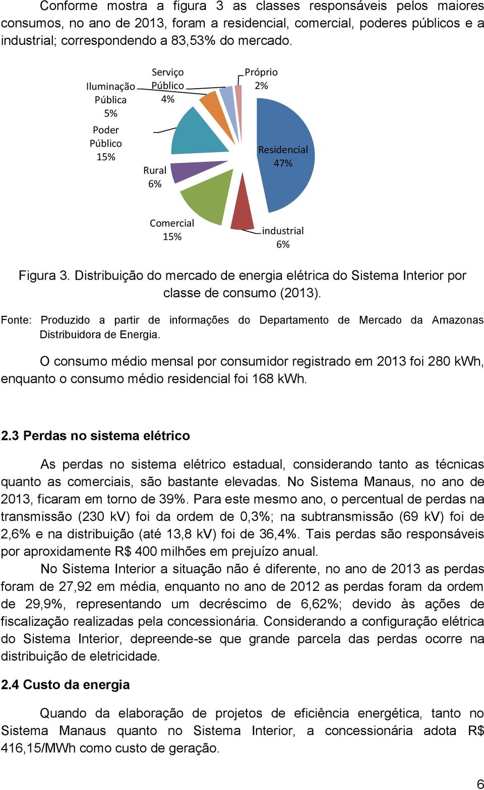 Distribuição do mercado de energia elétrica do Sistema Interior por classe de consumo (2013). Fonte: Produzido a partir de informações do Departamento de Mercado da Amazonas Distribuidora de Energia.