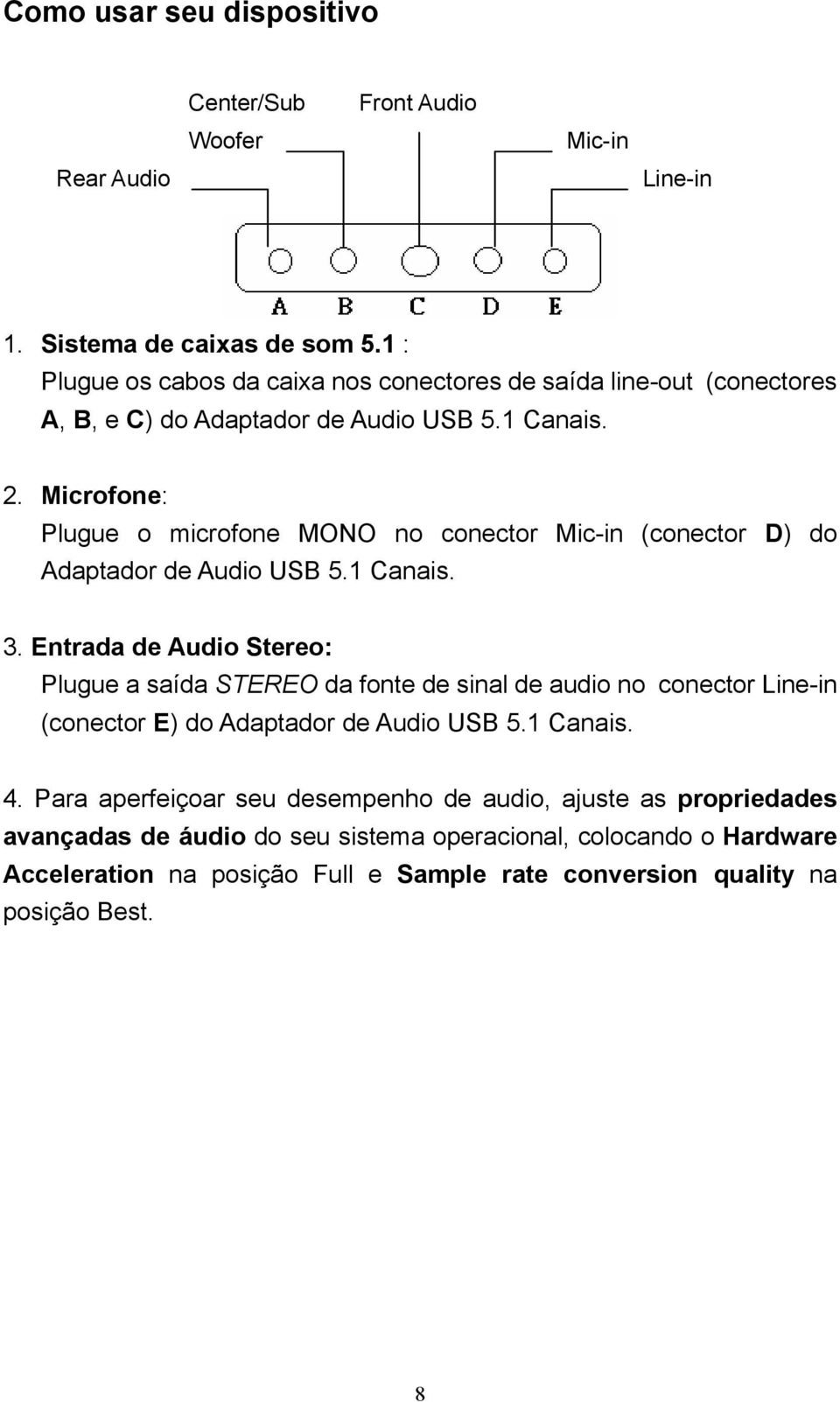 Microfone: Plugue o microfone MONO no conector Mic-in (conector D) do Adaptador de Audio USB 5.1 Canais. 3.