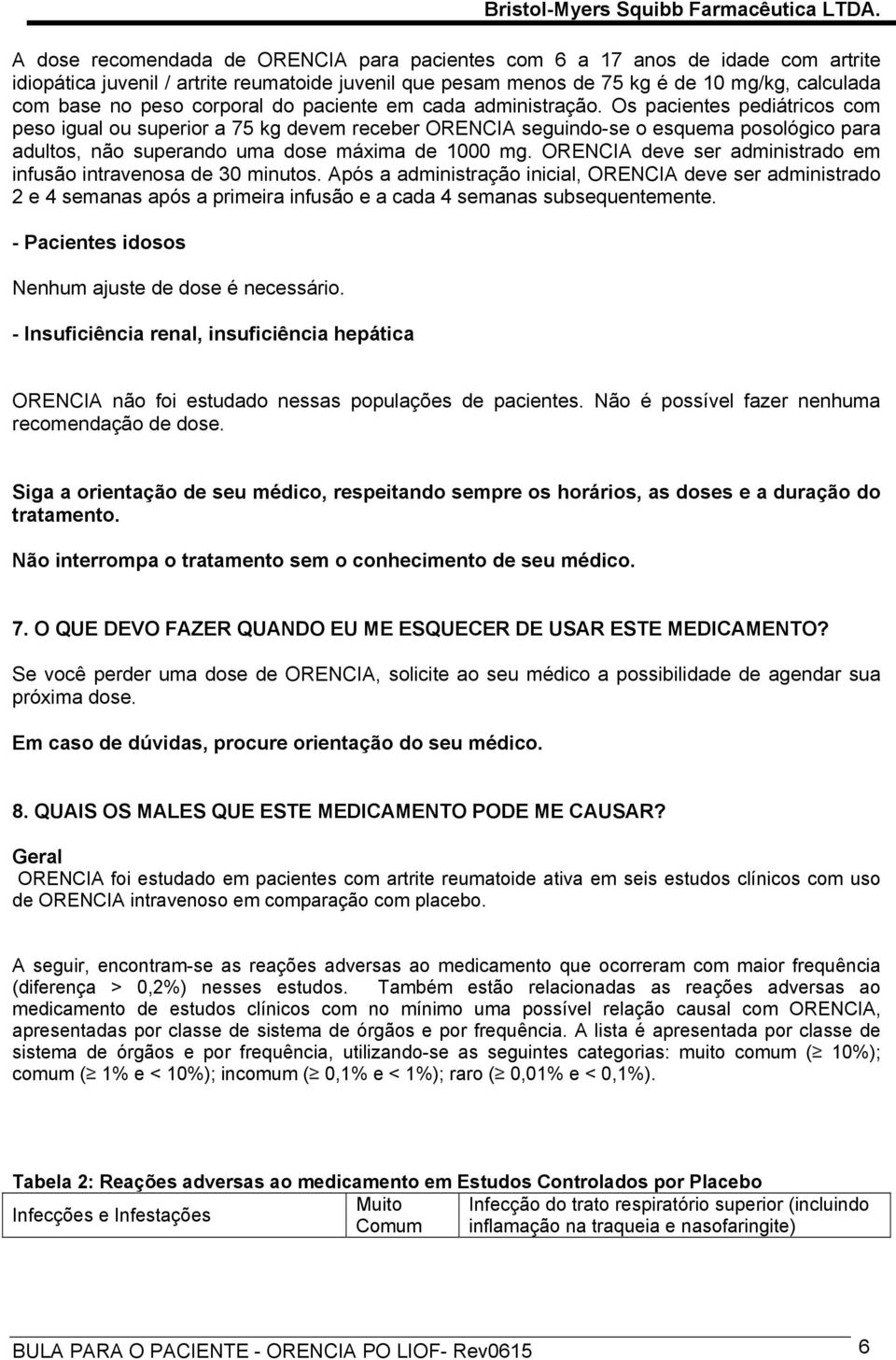 Os pacientes pediátricos com peso igual ou superior a 75 kg devem receber ORENCIA seguindo-se o esquema posológico para adultos, não superando uma dose máxima de 1000 mg.