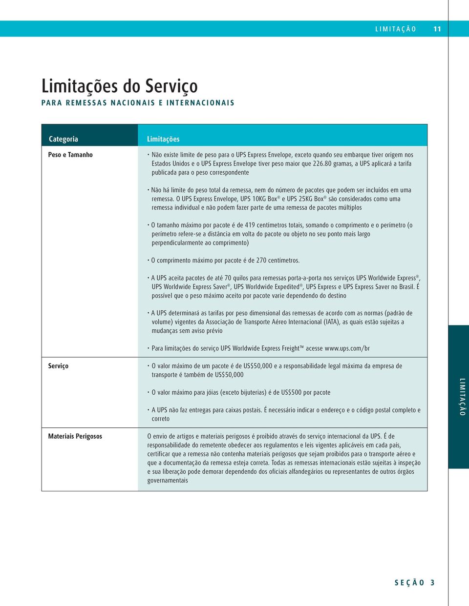 80 gramas, a UPS aplicará a tarifa publicada para o peso correspondente Não há limite do peso total da remessa, nem do número de pacotes que podem ser incluídos em uma remessa.