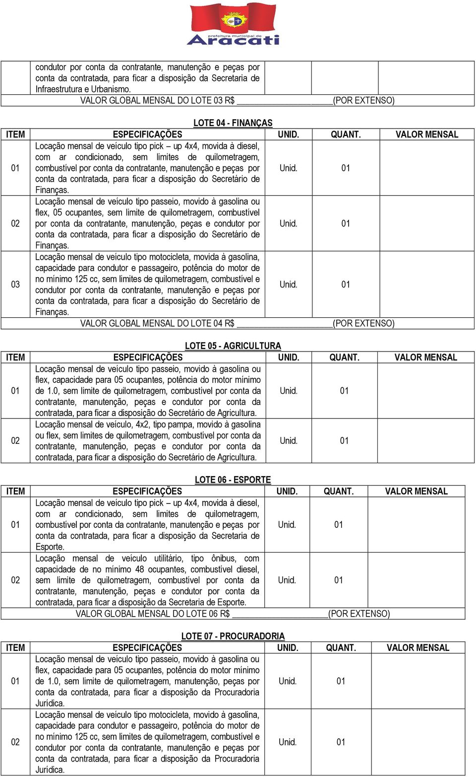 VALOR MENSAL Locação mensal de veículo tipo pick up 4x4, movida à diesel, com ar condicionado, sem limites de quilometragem, combustível por conta da contratante, manutenção e peças por conta da