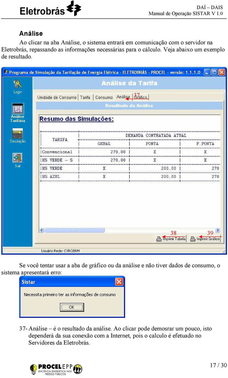 37 38 39 Se você tentar usar a aba de gráfico ou da análise e não tiver dados de consumo, o sistema apresentará erro: 37-