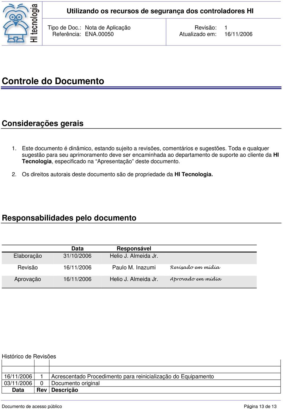 Os direitos autorais deste documento são de propriedade da HI Tecnologia. Responsabilidades pelo documento Data Responsável Elaboração 31/10/2006 Helio J. Almeida Jr.