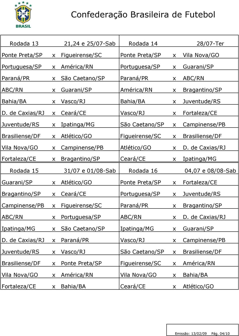 de Caxias/RJ x Ceará/CE Vasco/RJ x Fortaleza/CE Juventude/RS x Ipatinga/MG São Caetano/SP x Campinense/PB Brasiliense/DF x Atlético/GO Figueirense/SC x Brasiliense/DF Vila Nova/GO x Campinense/PB