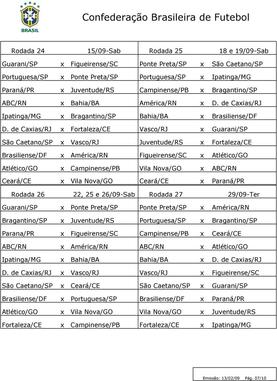 de Caxias/RJ x Fortaleza/CE Vasco/RJ x Guarani/SP São Caetano/SP x Vasco/RJ Juventude/RS x Fortaleza/CE Brasiliense/DF x América/RN Figueirense/SC x Atlético/GO Atlético/GO x Campinense/PB Vila