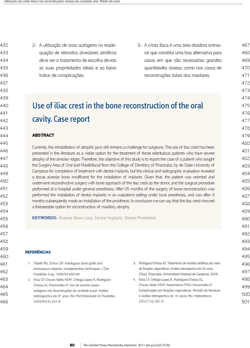 Use of iliac crest in the bone reconstruction of the oral cavity. Case report ABstRACt a foreseeable option for reconstruction of maxillary atrophy. KeYWORds: Alveolar Bone Loss.