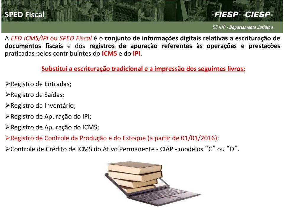 Registro de Entradas; Registro de Saídas; Registro de Inventário; Substitui a escrituração tradicional e a impressão dos seguintes livros: