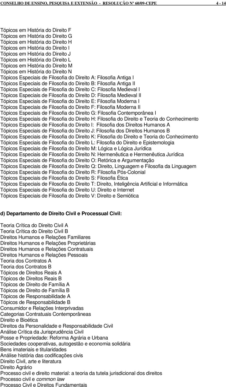 Antiga I Tópicos Especiais de Filosofia do Direito B: Filosofia Antiga II Tópicos Especiais de Filosofia do Direito C: Filosofia Medieval I Tópicos Especiais de Filosofia do Direito D: Filosofia