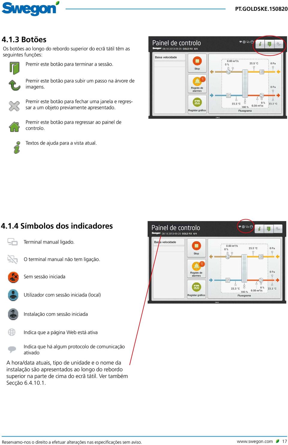 Registo de alarmes Premir este botão para fechar uma janela e regressar a um objeto previamente apresentado. Registar gráfi co Fluxograma Premir este botão para regressar ao painel de controlo.