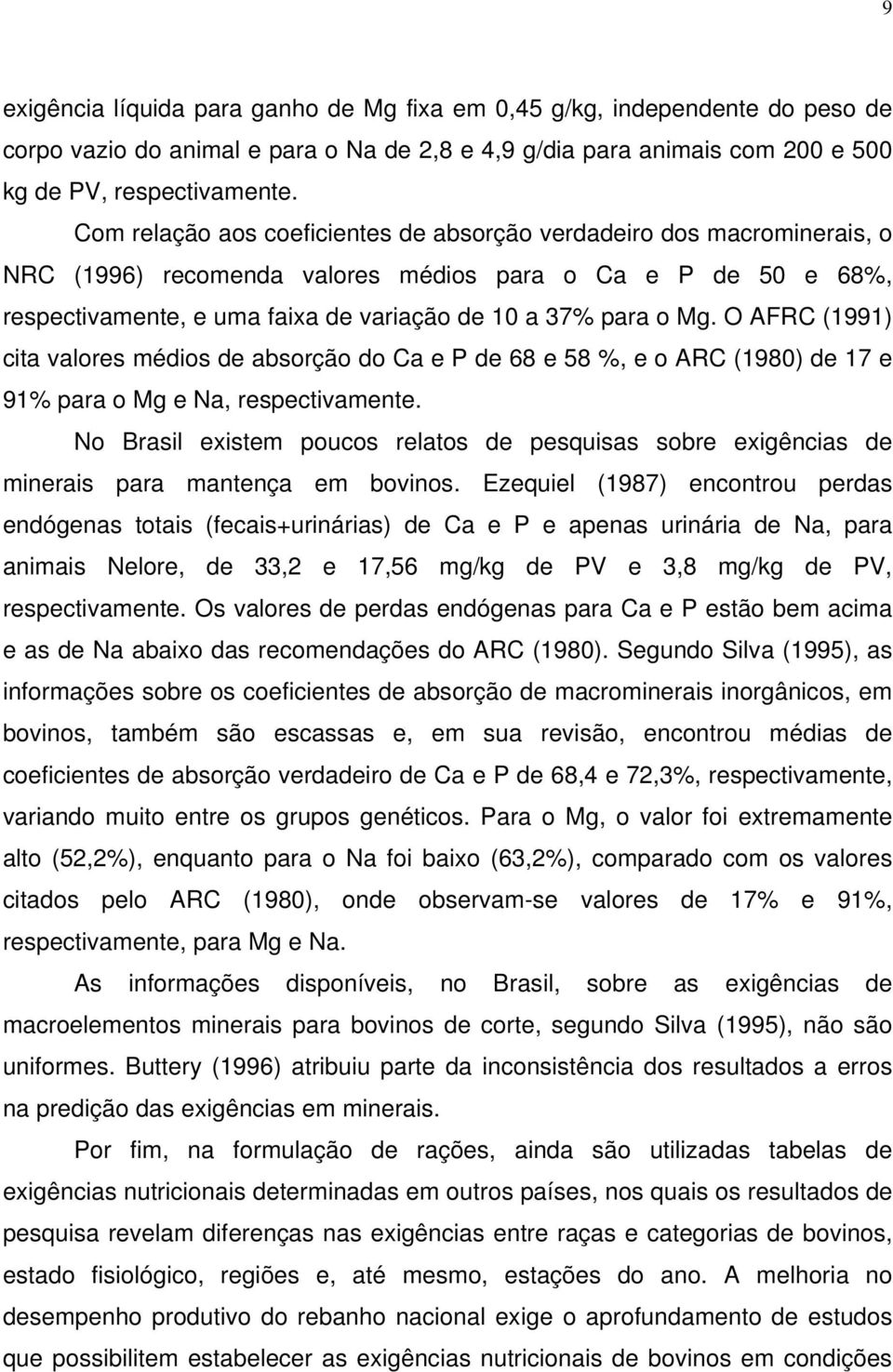 O AFRC (1991) cita valores médios de absorção do Ca e P de 68 e 58 %, e o ARC (1980) de 17 e 91% para o Mg e Na, respectivamente.