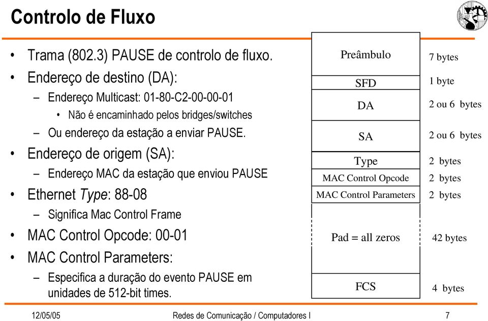 Endereço de origem (SA): Endereço MAC da estação que enviou PAUSE Ethernet Type: 88-08 Significa Mac Control Frame MAC Control Opcode: 00-01 MAC Control