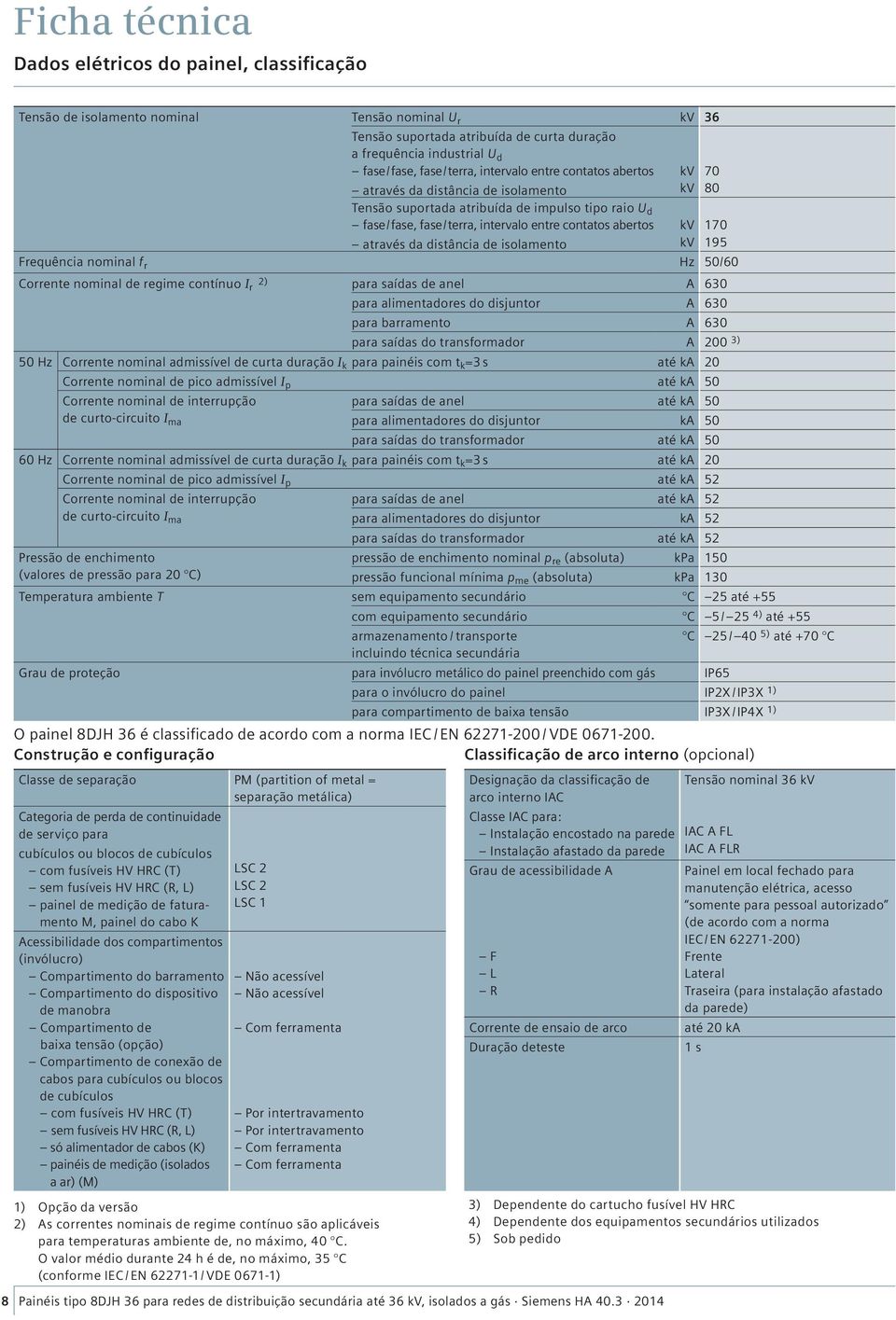 através da distância de isolamento kv 195 Frequência nominal f r Hz 50/60 Corrente nominal de regime contínuo I r 2) para saídas de anel A 630 8 Painéis tipo 8DJH 36 para redes de distribuição