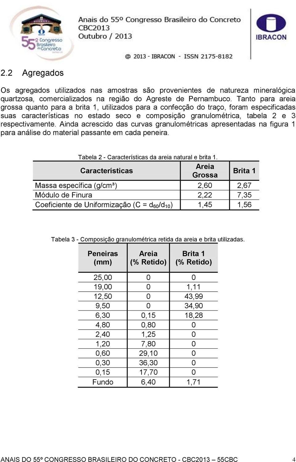 Ainda acrescido das curvas granulométricas apresentadas na figura 1 para análise do material passante em cada peneira. Tabela 2 - Características da areia natural e brita 1.