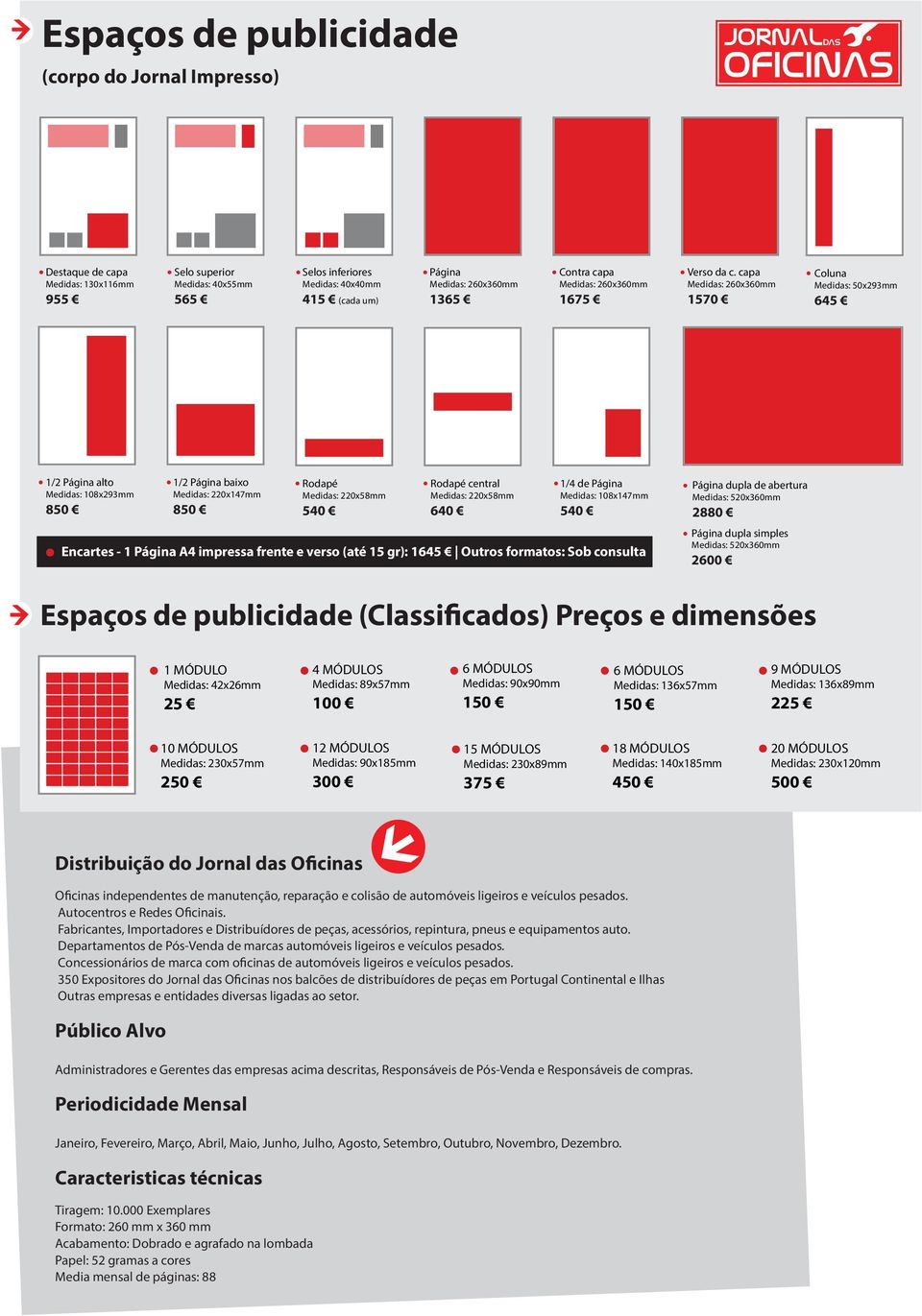 capa Medidas: 260x360mm 1570 Coluna Medidas: 50x293mm 645 1/2 Página alto Medidas: 108x293mm 850 1/2 Página baixo Medidas: 220x147mm 850 Rodapé Medidas: 220x58mm 540 Rodapé central Medidas: 220x58mm