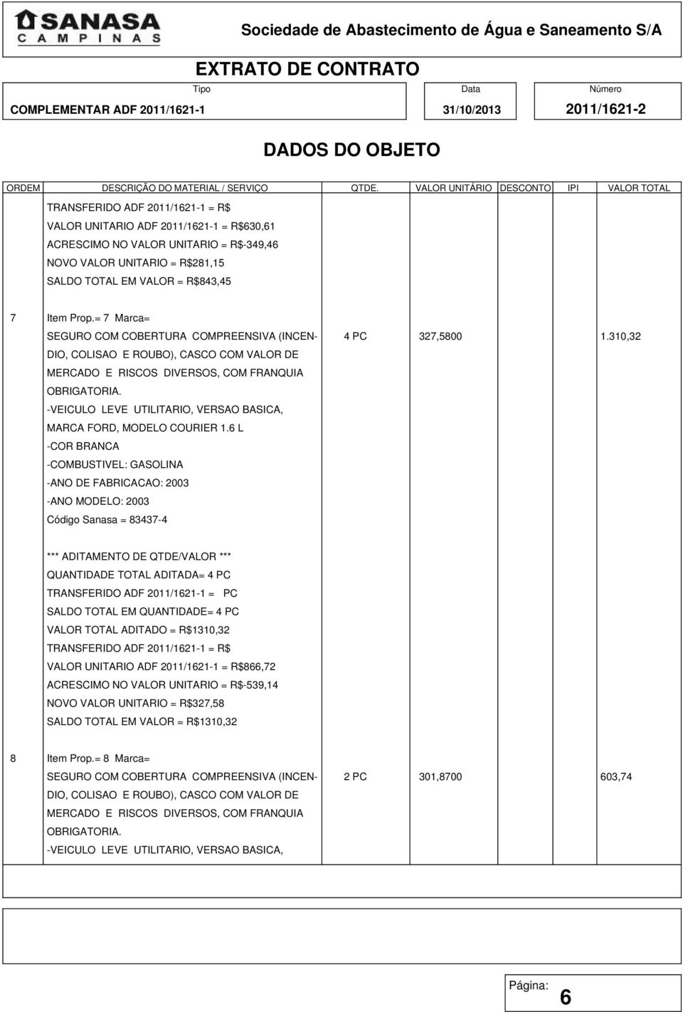 6 L -COMBUSTIVEL: GASOLINA -ANO DE FABRICACAO: 2003 -ANO MODELO: 2003 Código Sanasa = 83437-4 QUANTIDADE TOTAL ADITADA= 4 PC SALDO TOTAL EM QUANTIDADE= 4 PC VALOR TOTAL