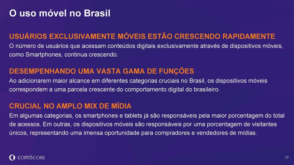 DESEMPENHANDO UMA VASTA GAMA DE FUNÇÕES Ao adicionarem maior alcance em diferentes categorias cruciais no Brasil, os dispositivos móveis correspondem a uma parcela crescente do comportamento