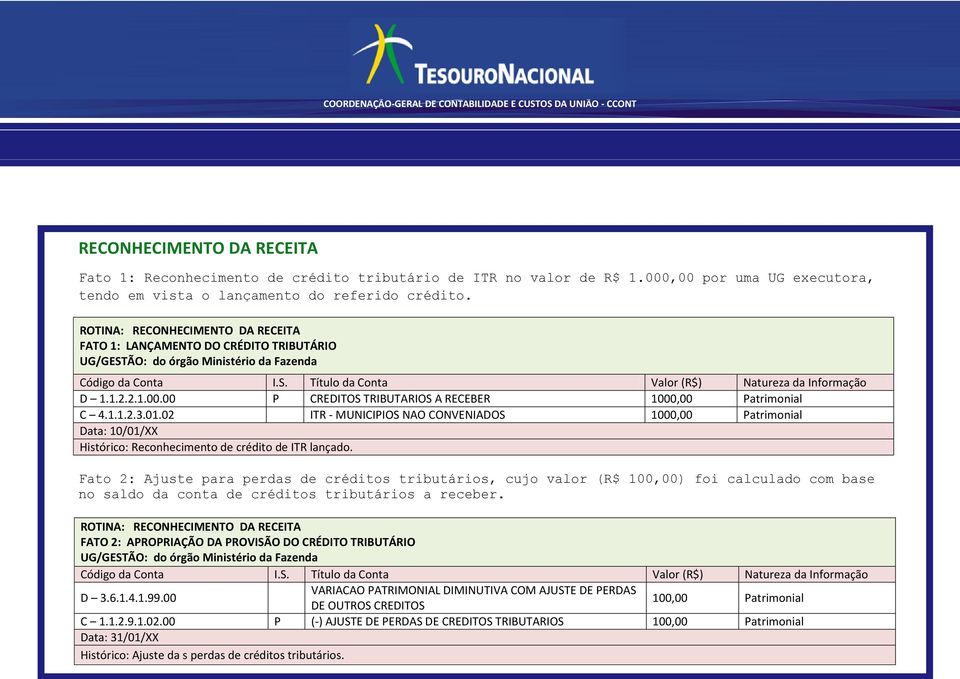 01.02 ITR - MUNICIPIOS NAO CONVENIADOS 1000,00 Patrimonial Data: 10/01/XX Histórico: Reconhecimento de crédito de ITR lançado.