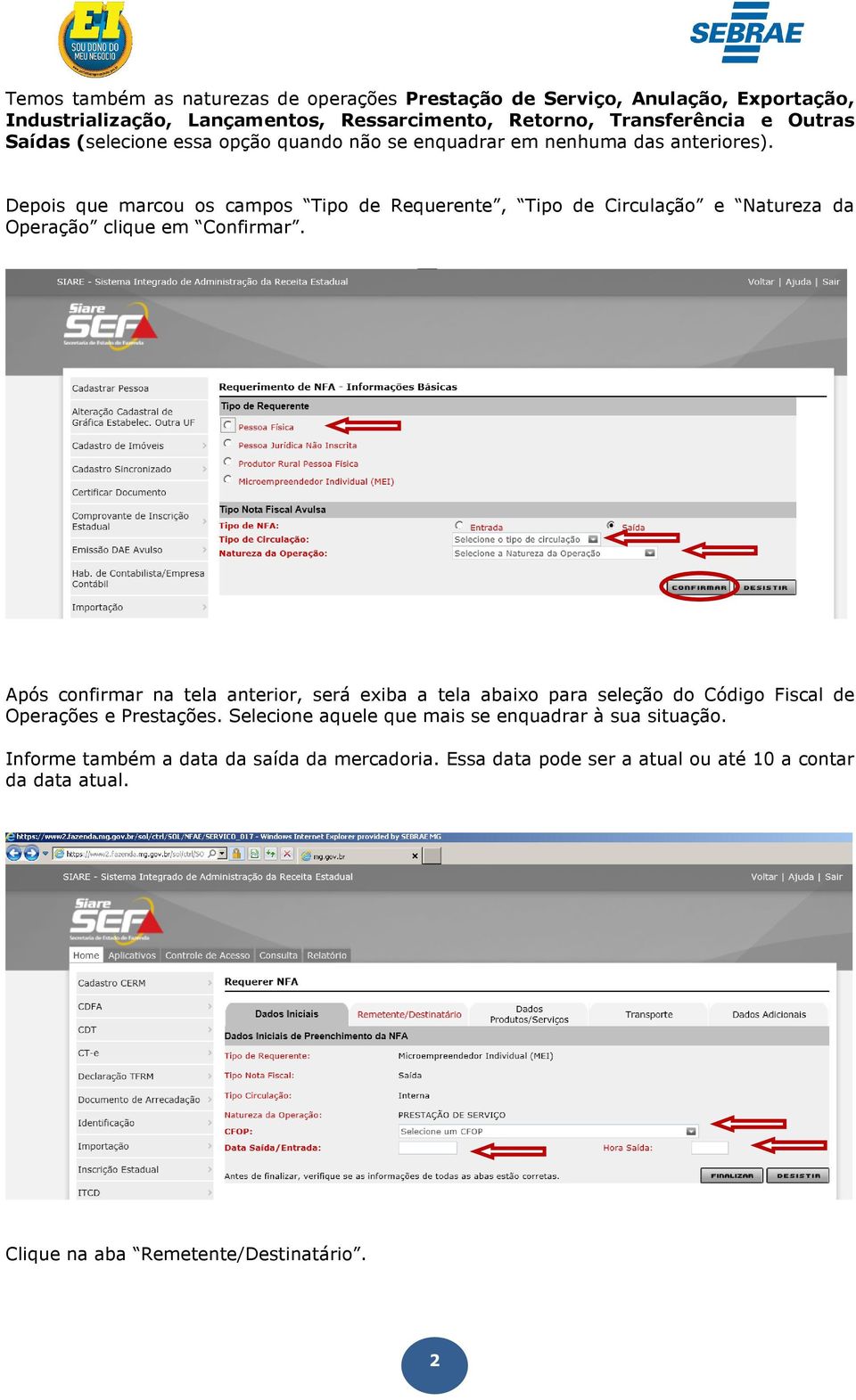 Depois que marcou os campos Tipo de Requerente, Tipo de Circulação e Natureza da Operação clique em Confirmar.