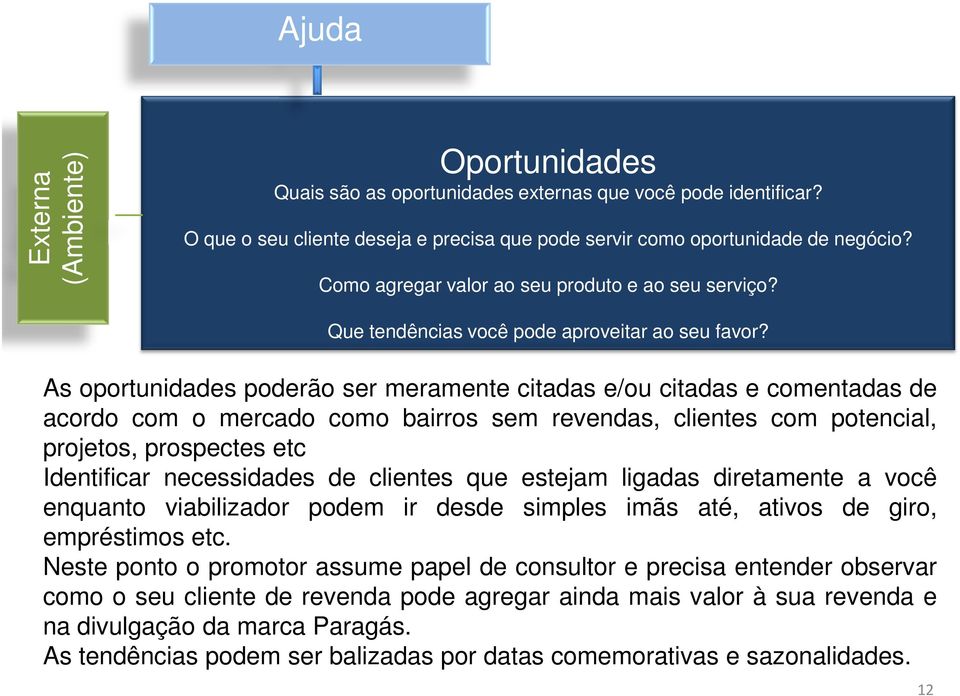 As oportunidades poderão ser meramente citadas e/ou citadas e comentadas de acordo com o mercado como bairros sem revendas, clientes com potencial, projetos, prospectes etc Identificar necessidades