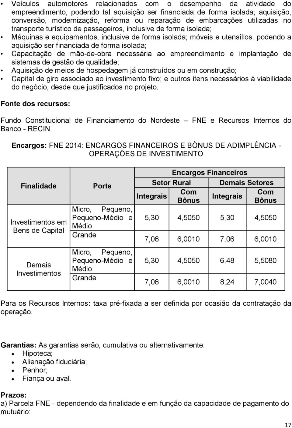 de forma isolada; Capacitação de mão-de-obra necessária ao empreendimento e implantação de sistemas de gestão de qualidade; Aquisição de meios de hospedagem já construídos ou em construção; Capital