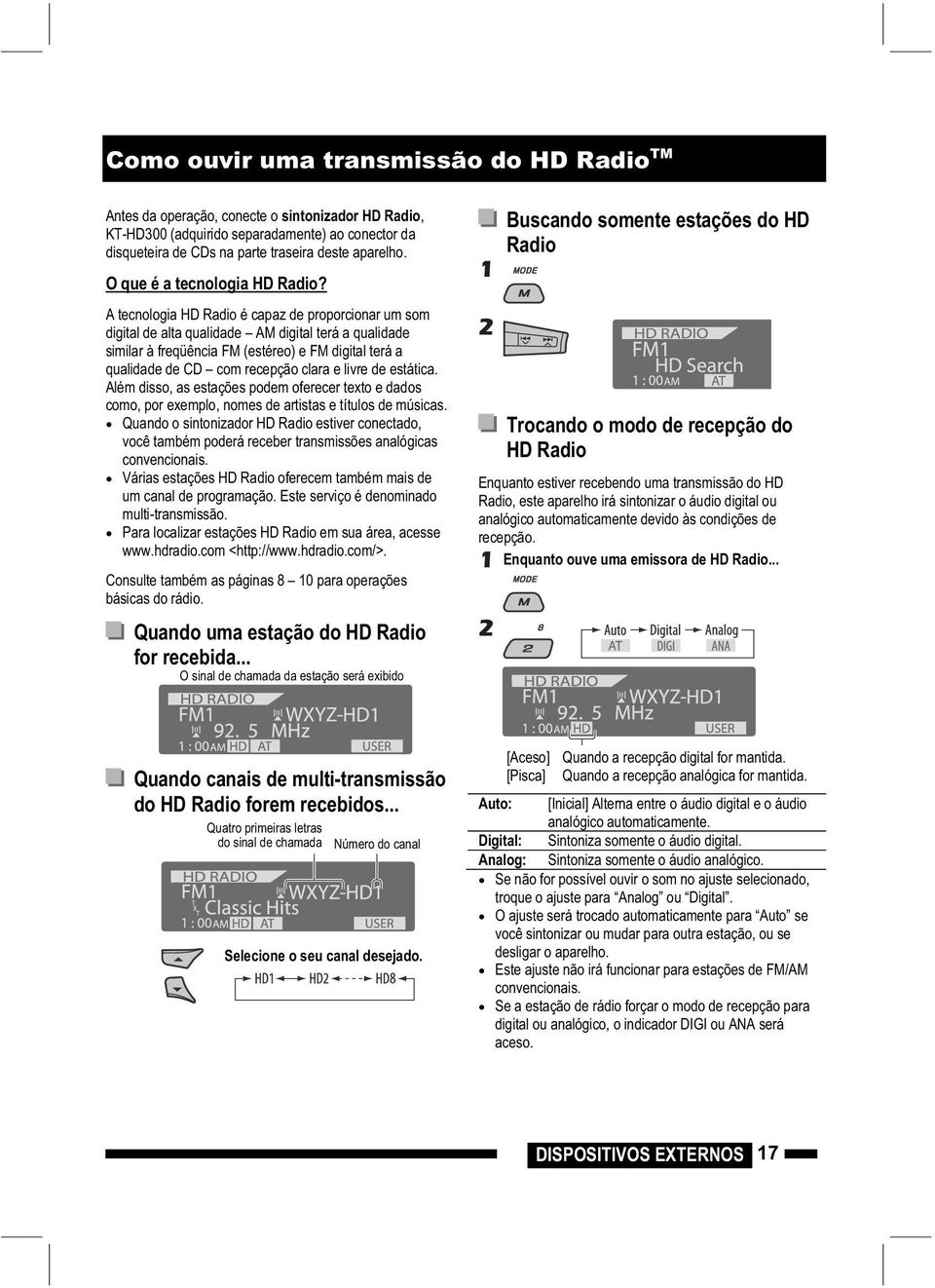 A tecnologia HD Radio é capaz de proporcionar um som digital de alta qualidade AM digital terá a qualidade similar à freqüência FM (estéreo) e FM digital terá a qualidade de CD com recepção clara e