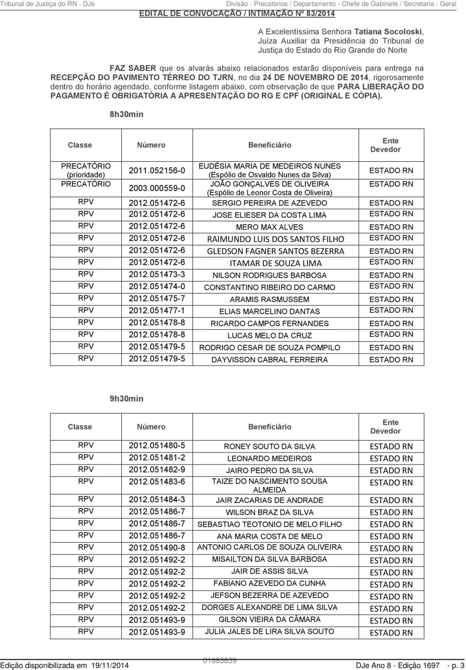 2014, rigorosamente dentro do horário agendado, conforme listagem abaixo, com observação de que PARA LIBERAÇÃO DO PAGAMENTO É OBRIGATÓRIA A APRESENTAÇÃO DO RG E CPF (ORIGINAL E CÓPIA).