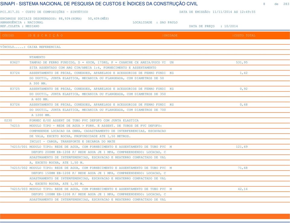 83725 ASSENTAMENTO DE PECAS, CONEXOES, APARELHOS E ACESSORIOS DE FERRO FUNDI KG 0,92 DO DUCTIL, JUNTA ELASTICA, MECANICA OU FLANGEADA, COM DIAMETROS DE 350 A 600 MM.