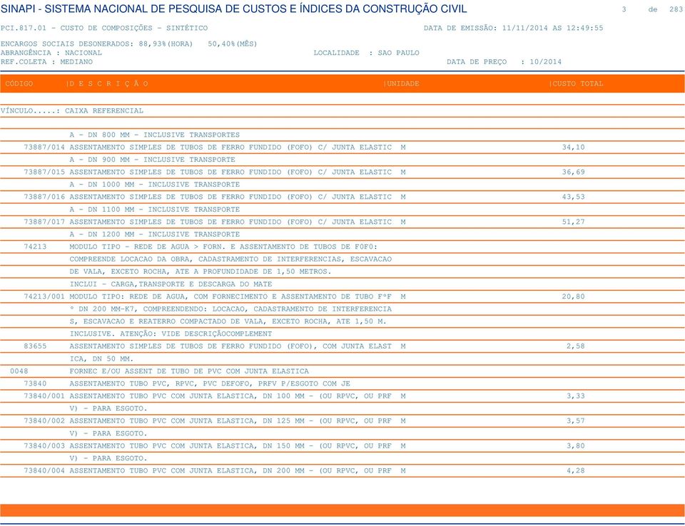 1100 MM - INCLUSIVE TRANSPORTE 73887/017 ASSENTAMENTO SIMPLES DE TUBOS DE FERRO FUNDIDO (FOFO) C/ JUNTA ELASTIC M 51,27 A - DN 1200 MM - INCLUSIVE TRANSPORTE 74213 MODULO TIPO - REDE DE AGUA > FORN.