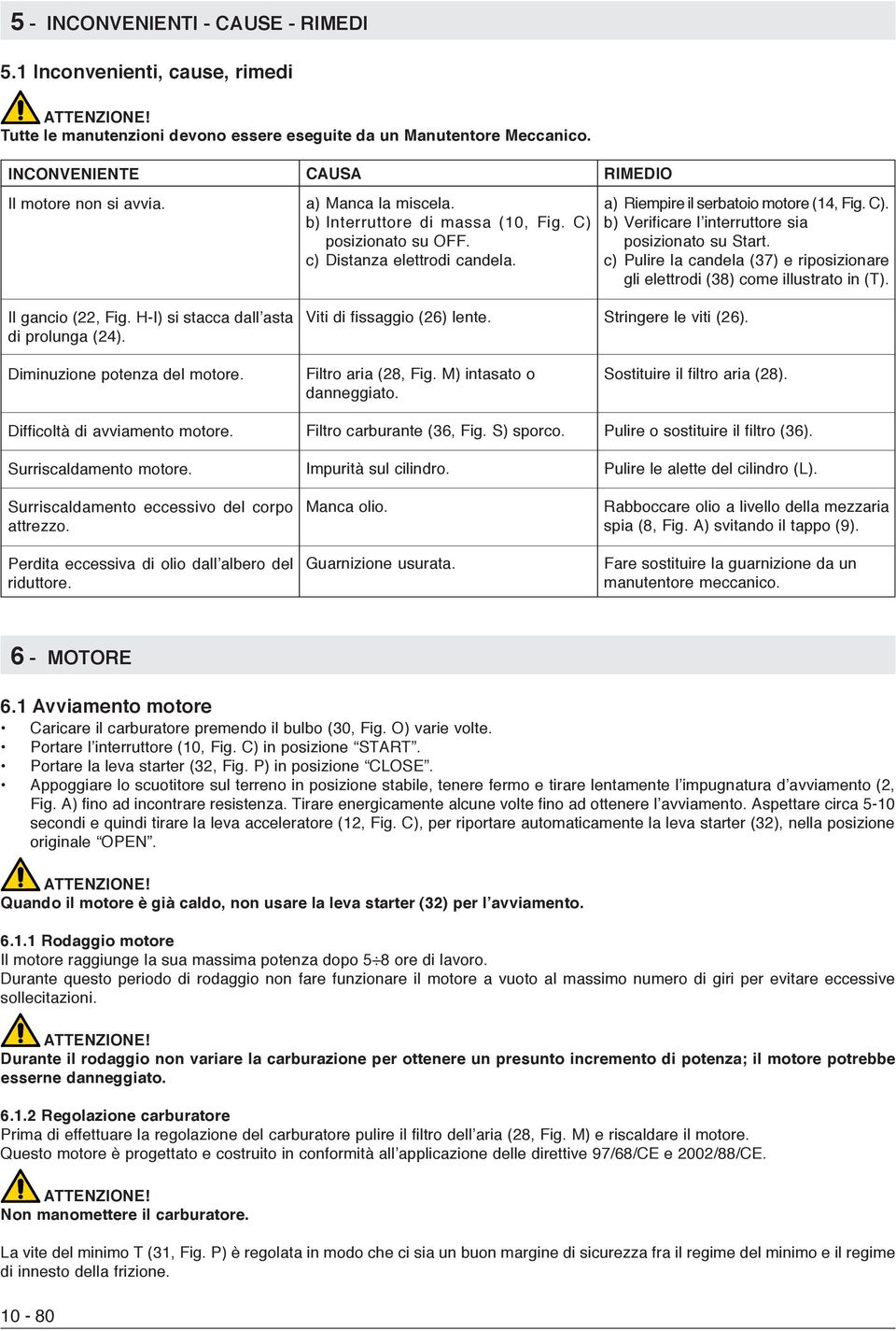 c) Distanza elettrodi candela. c) Pulire la candela (37) e riposizionare gli elettrodi (38) come illustrato in (T). Il gancio (22, Fig. H-I) si stacca dall asta di prolunga (24).