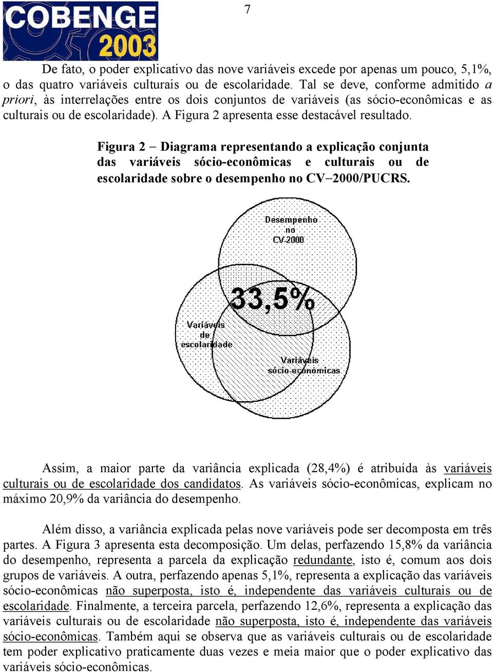 Figura 2 Diagrama representando a explicação conjunta das variáveis sócio-econômicas e culturais ou de escolaridade sobre o desempenho no CV 2000/PUCRS.