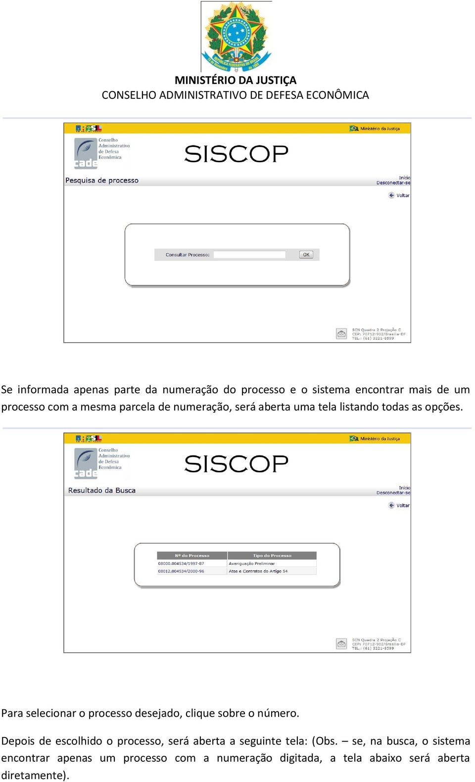 Para selecionar o processo desejado, clique sobre o número.