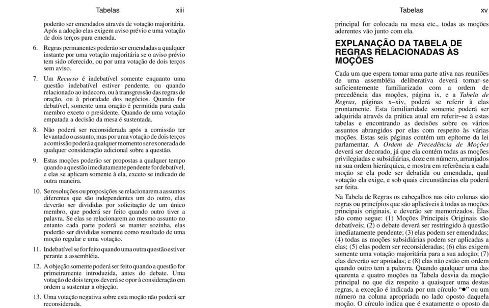 Um Recurso é indebatível somente enquanto uma questão indebatível estiver pendente, ou quando relacionado ao indecoro, ou à transgressão das regras de oração, ou à prioridade dos negócios.