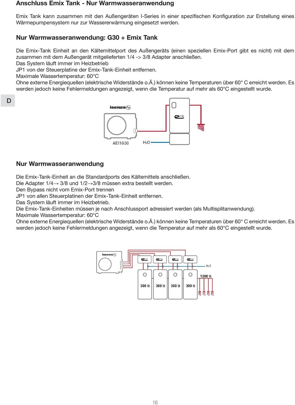 Nur Warmwasseranwendung: G30 + Emix Tank Die Emix-Tank Einheit an den Kältemittelport des Außengeräts (einen speziellen Emix-Port gibt es nicht) mit dem zusammen mit dem Außengerät mitgelieferten 1/4