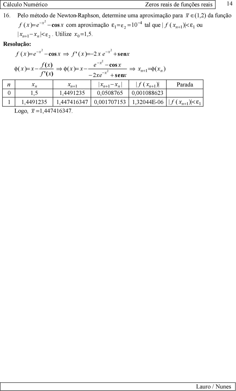 Resolução: f ( )= e cos f ' ( )= f ( ) e φ( )= φ( )= f '( ) e e + sen cos + sen n+ =φ( n