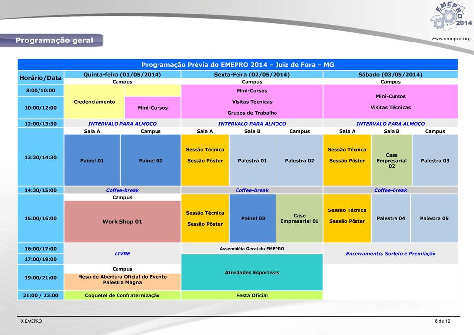 Sala B Campus Sala A Sala B Campus 13:30/14:30 Painel 01 Painel 02 Sessão Técnica Sessão Pôster Palestra 01 Palestra 02 Sessão Técnica Sessão Pôster Case Empresarial 02 Palestra 03 14:30/15:00