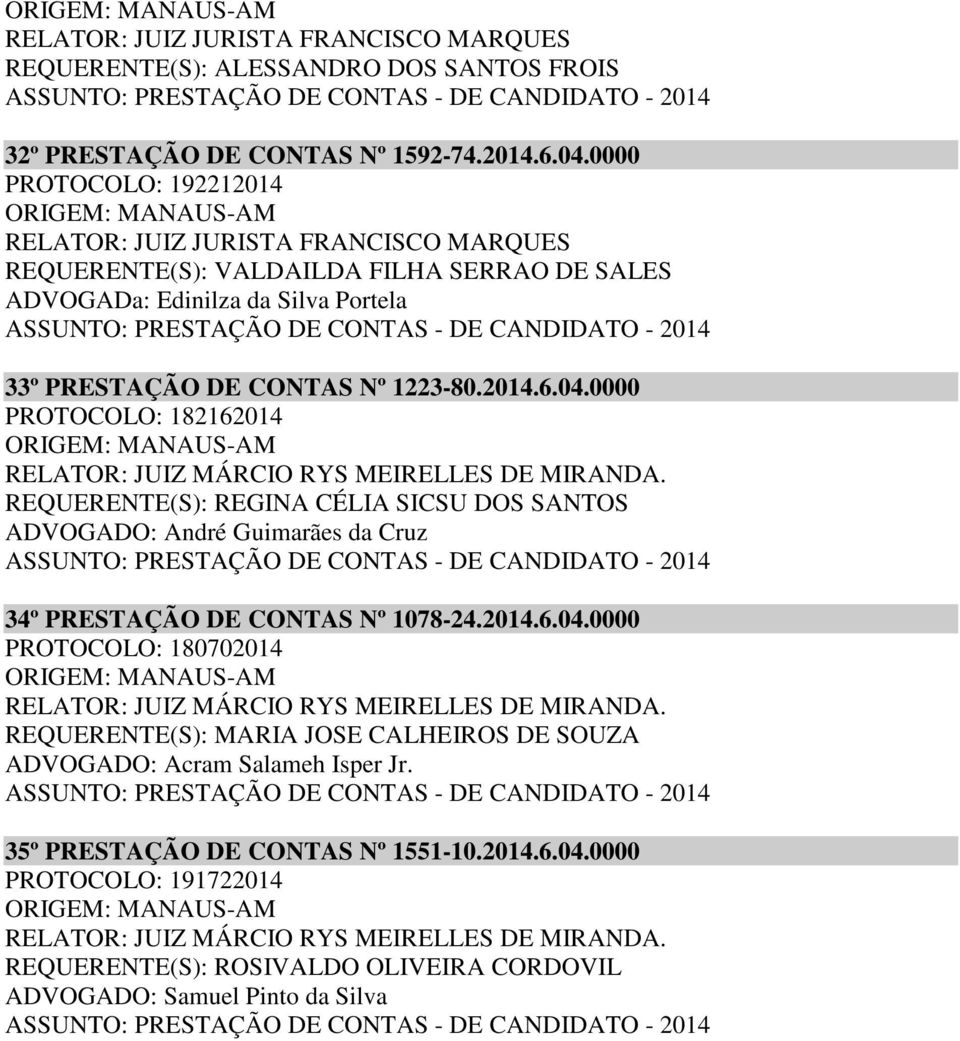 0000 PROTOCOLO: 182162014 RELATOR: JUIZ MÁRCIO RYS MEIRELLES DE MIRANDA. REQUERENTE(S): REGINA CÉLIA SICSU DOS SANTOS 34º PRESTAÇÃO DE CONTAS Nº 1078-24.2014.6.04.