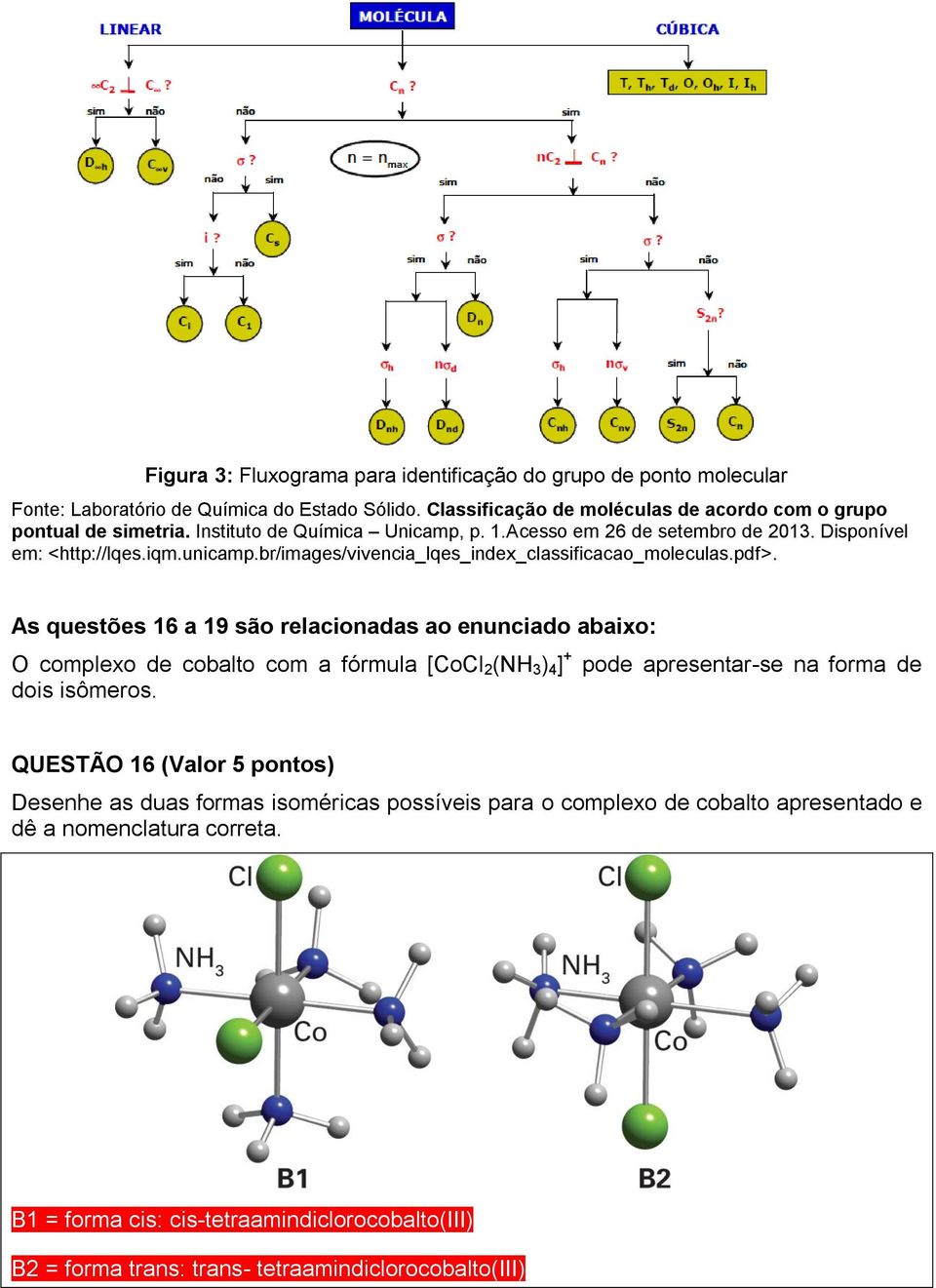 As questões 16 a 19 são relacionadas ao enunciado abaixo: O complexo de cobalto com a fórmula [CoCl 2 (NH 3 ) 4 ] + pode apresentar-se na forma de dois isômeros.