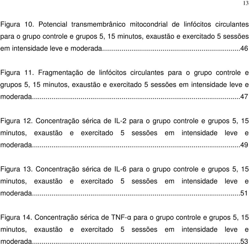 Concentração sérica de IL-2 para o grupo controle e grupos 5, 15 minutos, exaustão e exercitado 5 sessões em intensidade leve e moderada...49 Figura 13.